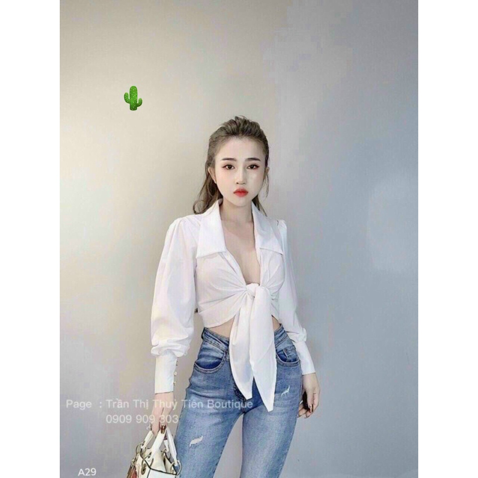 Áo Sơ Mi Phi Bóng Hàn Cổ Bẻ Cột Nơ Trước Bụng Tay Dài Cute TTPK0568
