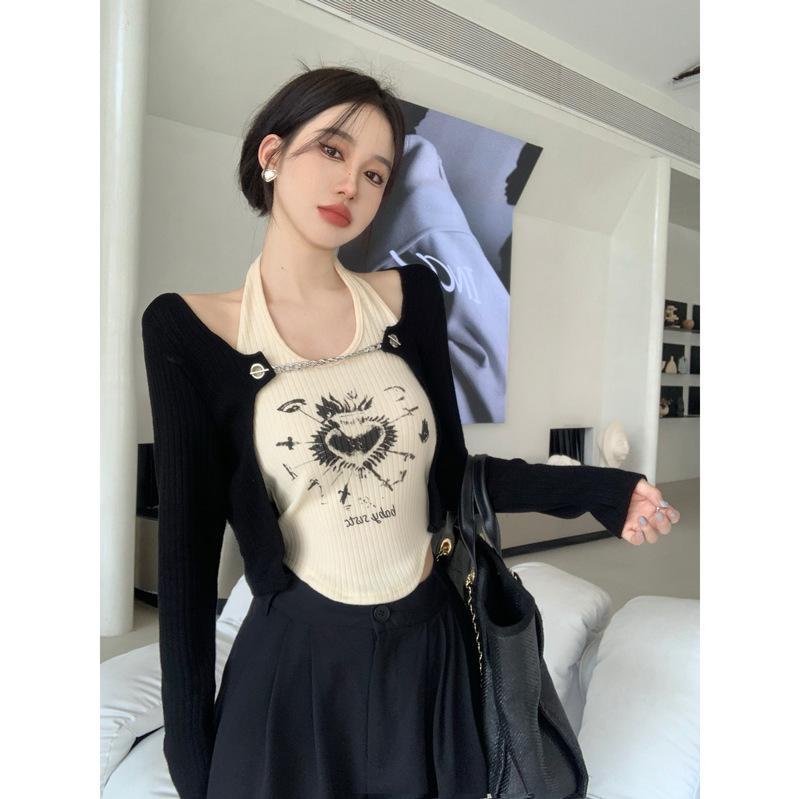 COZOKC Set Áo Khoác cardigan Tay Dài + Áo Hai Dây Dáng Ngắn Thời Trang Quyến Rũ Cho Nữ