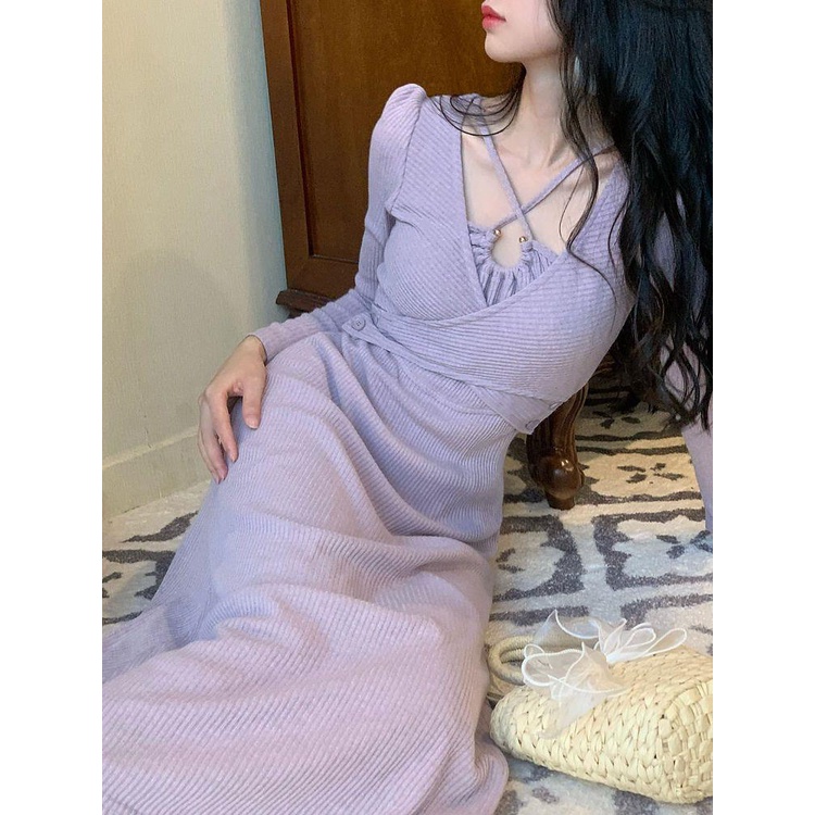 Đầm Giả Hai Lớp Tay Dài Cổ Chéo Màu Tím Phong Cách Pháp Thời Trang Thu Đông Quyến Rũ Cho Nữ