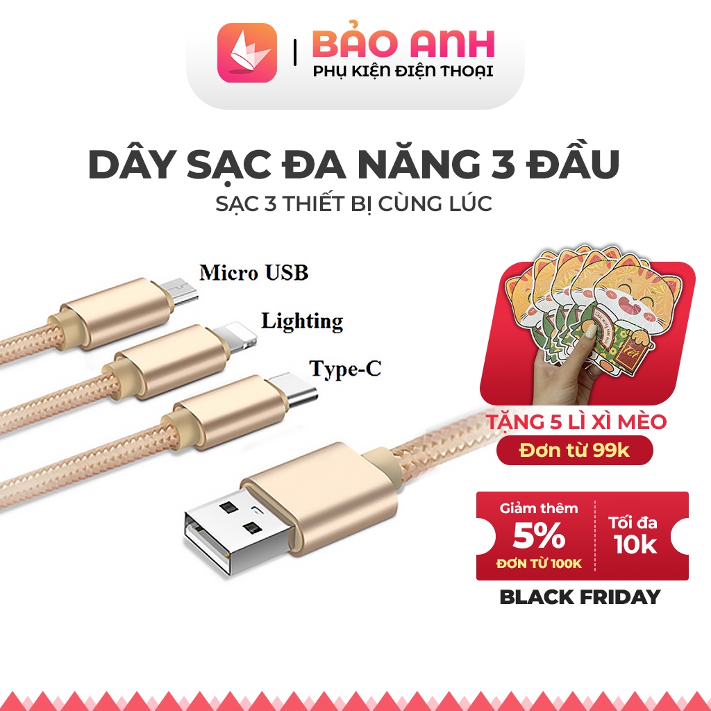 Dây cáp sạc 3 đầu sạc nhanh cáp sạc đa năng sạc 3 trong 1 với giắc sạc micro usb/type-c dành cho tất cả điện thoại