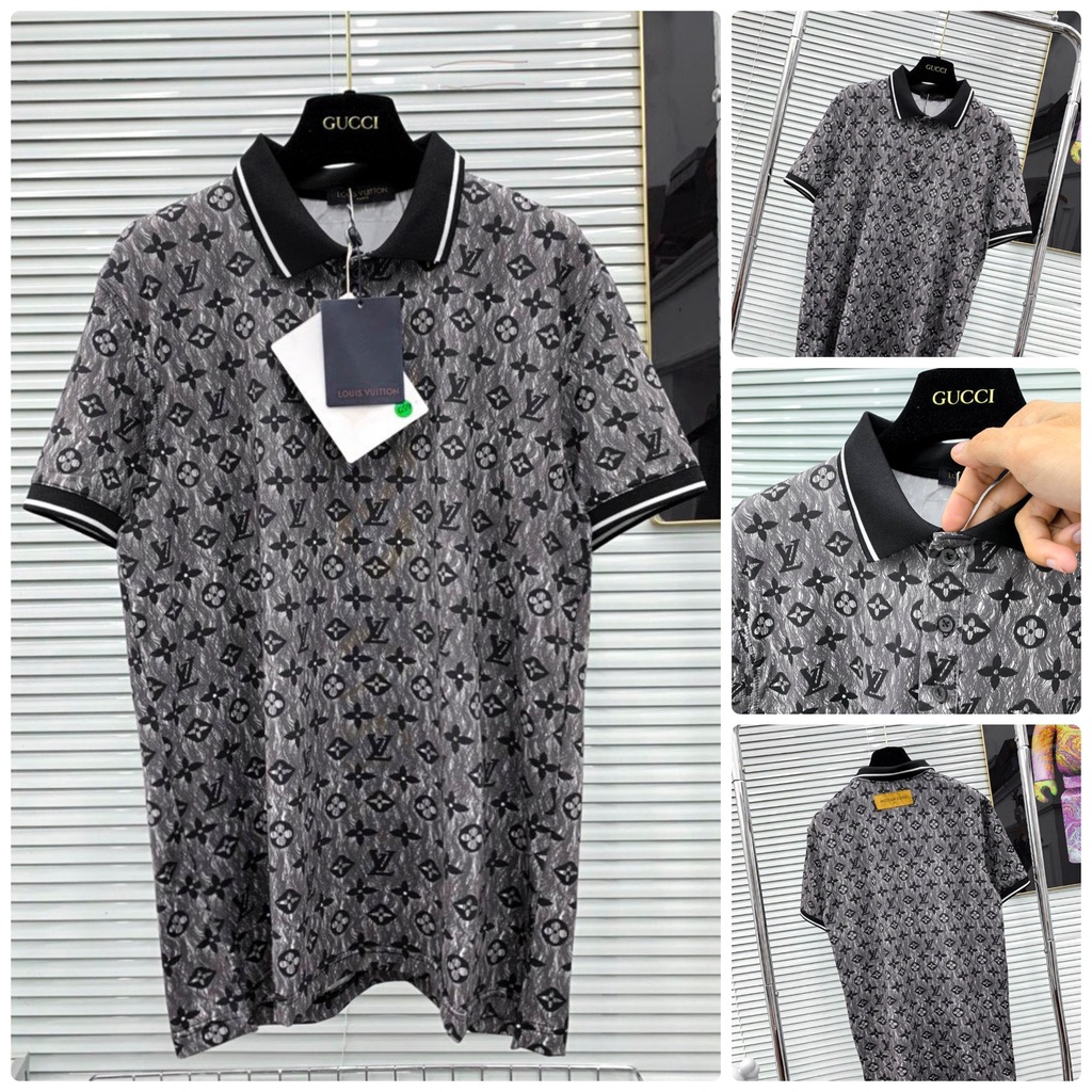 Áo Polo Nam LV Loang Vải Mát Mịn - Áo Phông Cổ Bẻ Nam Logo Hoa Đen Viền Trắng