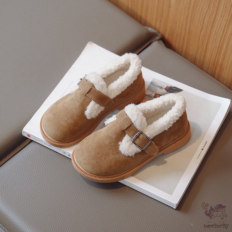 Giày Lười Phối Lông Giữ Ấm Mùa Đông Phong Cách Hàn Quốc Xinh Xắn Dành Cho Bé