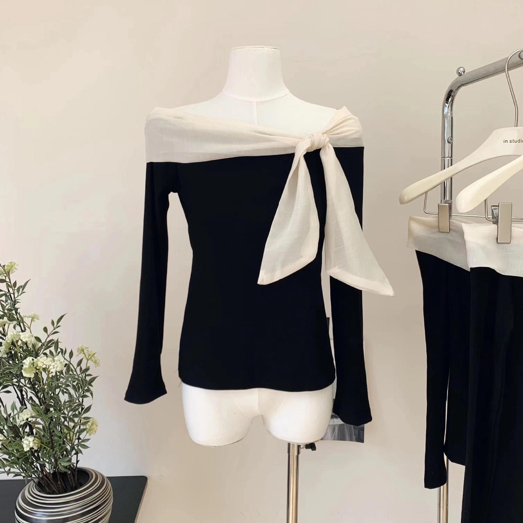 (HÀNG SẴN - ẢNH THẬT) Aó thun tay dài bẹt vai, Áo dành cho nữ xinh xắn cột nơ hoặc thắt khăn