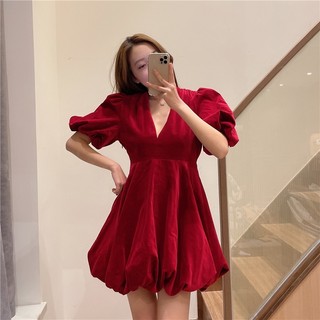 Váy nhung đỏ dáng bồng, váy noel