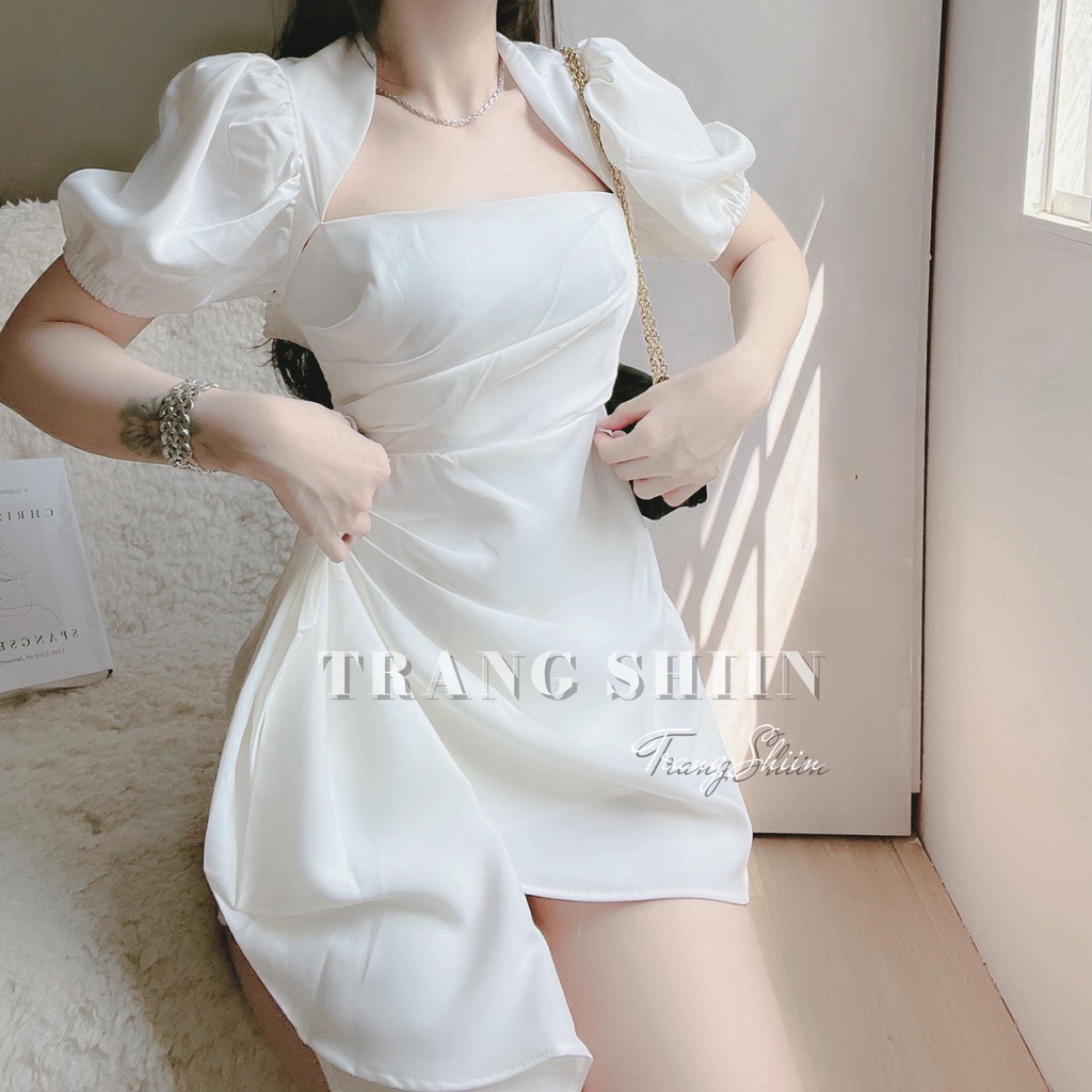 Đầm ngắn nữ dáng ôm chất lụa vân mềm tay phồng cổ U tà bèo nhún hông - Trang Shiin