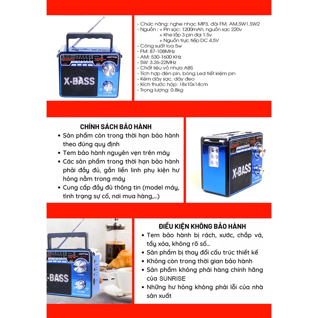 Radio nghe đài FM SH-413U tích hợp đèn LED, Loa đài FM nghe nhạc MP3, Thẻ nhớ, USB - SUNRISE