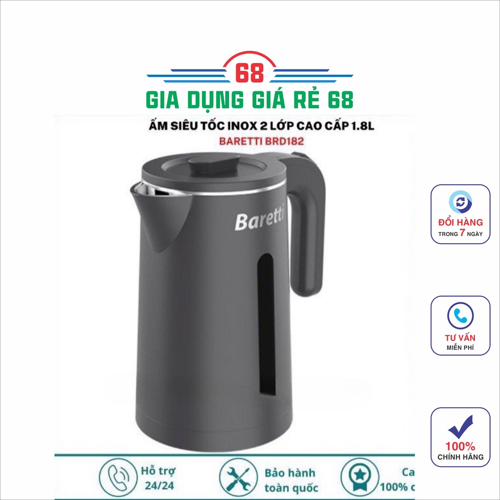 Ấm siêu tốc inox 2 lớp Baretti BRD182 1.8L màu đen siêu sang