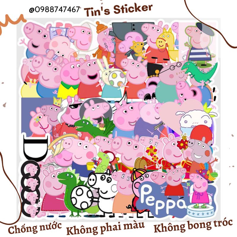 Set combo 50 miếng dán sticker Heo Peppa chống thấm nước dán nón mũ bảo hiểm laptop vali sổ sách xe máy đàn guitar