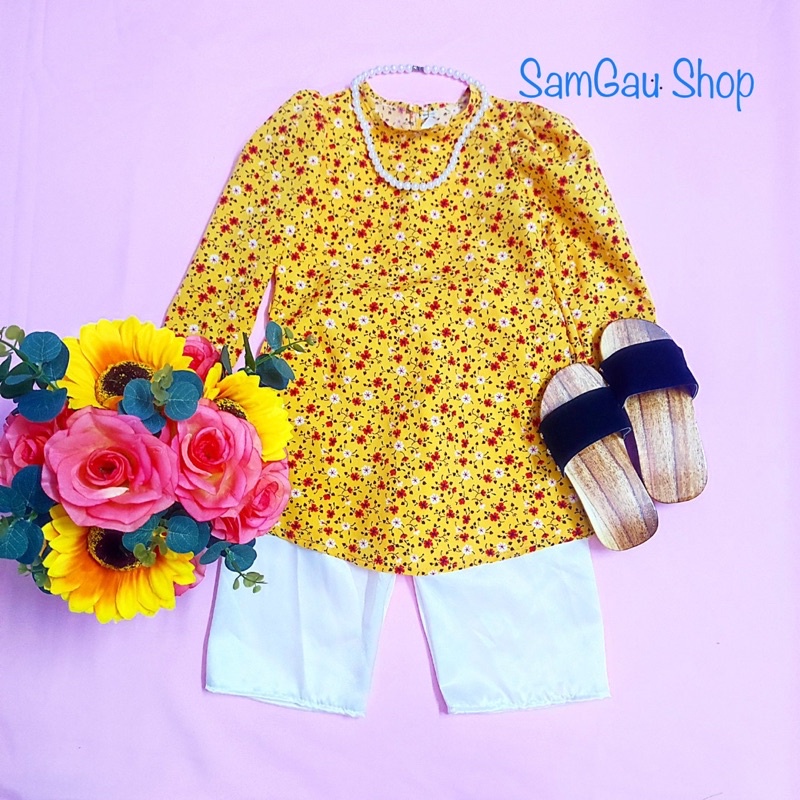 Áo Dài Tết Hoa Nhí cho bé gái màu Xanh Đỏ Vàng Hồng xinh yêu