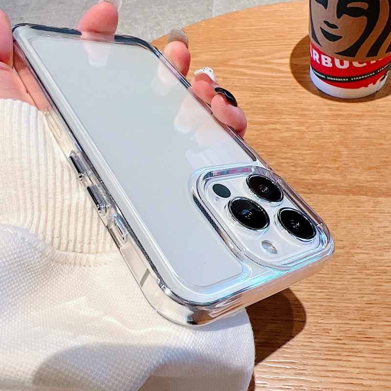 Ốp Điện Thoại Acrylic Cứng Trong Suốt Chống Sốc Có Nút Kim Loại Bảo Vệ Camera Cho iPhone 6 6s 7 8 Plus X XS XR XS Max 11 12 13 14 Pro Max Plus