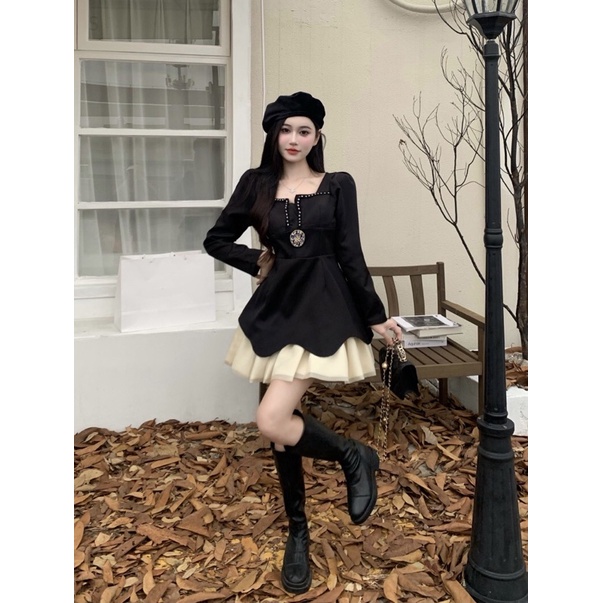 Váy Đầm Thiết Kế Nữ Ngắn Kiểu Pháp Hepburn Tay Dài Màu Đen Phối Với Váy Xoè Màu Kem Sang Trọng Tiểu Thư Hàng Quảng Châ