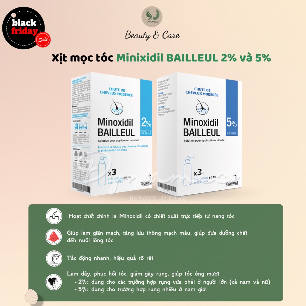 Xịt mọc tóc Minoxidil Bailleul 2% và 5% giảm rụng tóc và kích mọc tóc dành cho nam và nữ 60ml của Pháp