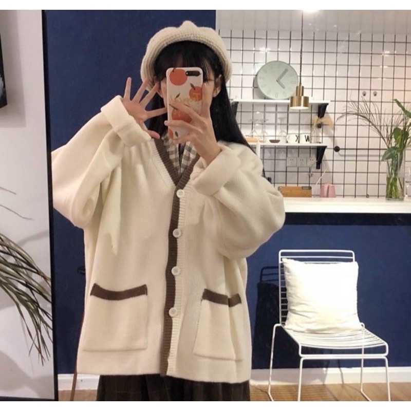 Áo Cardigan Len Viền Phối 2 Túi Trước Chất Len Dày Mịn Form Rộng (Hình Thật)