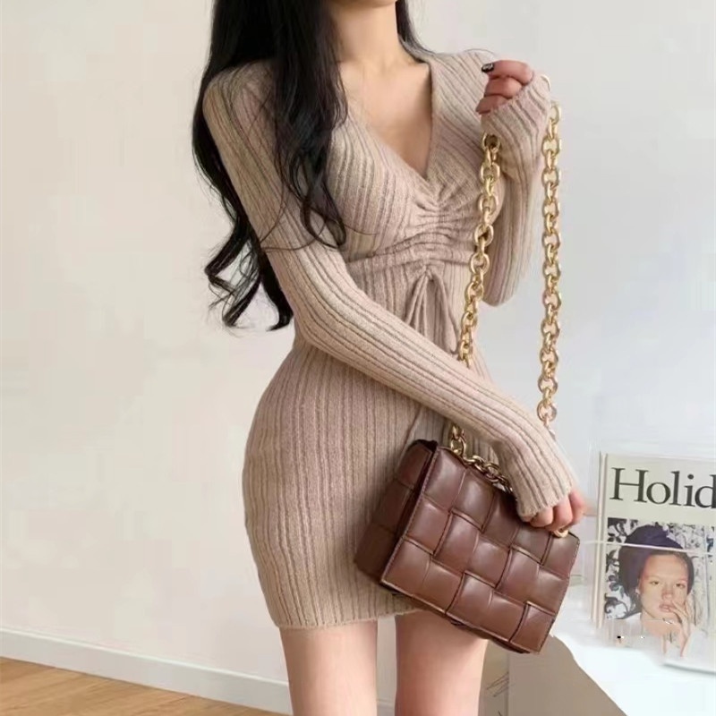 Đầm Dệt Kim Tay Dài Cổ Chữ V Phối Dây Rút Phong Cách Hàn Quốc Thời Trang Quyến Rũ Cho Nữ