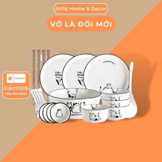 Bộ bát đĩa đẹp cao cấp họa tiết mèo đáng yêu kèm hộp quà Alifis