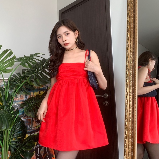 Đầm xoè hai dây SheByShj tafta đỏ - Suri Dress