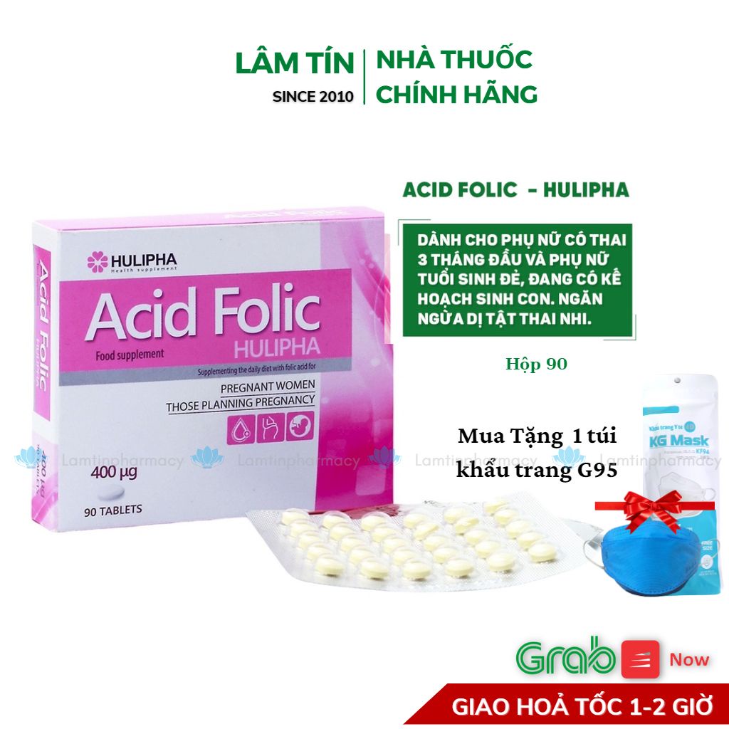 ✅(Tặng Khẩu Trang 4L Chất Chính Hãng) Acid Folic HULIPHA Bổ Sung Acid Folic Trước Và Trong Thai Kỳ Ngăn Dị Tật Thai H90V