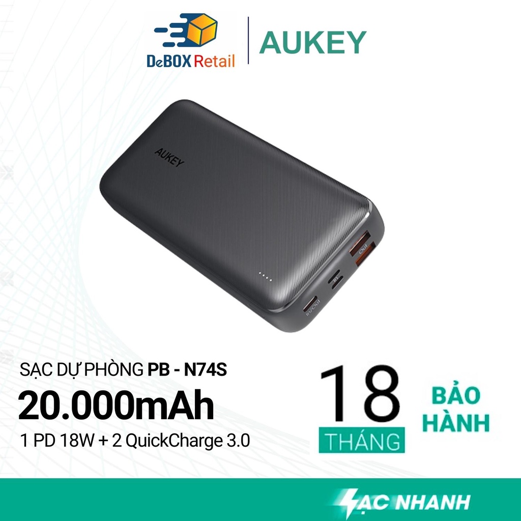 Pin Sạc Dự Phòng AUKEY PB-N74S Basix Plus 20.000mAh PD 3.0 20W, SCP 22.5W, QC 3.0 18W (3 Output, 3 Input) - Chính Hãng