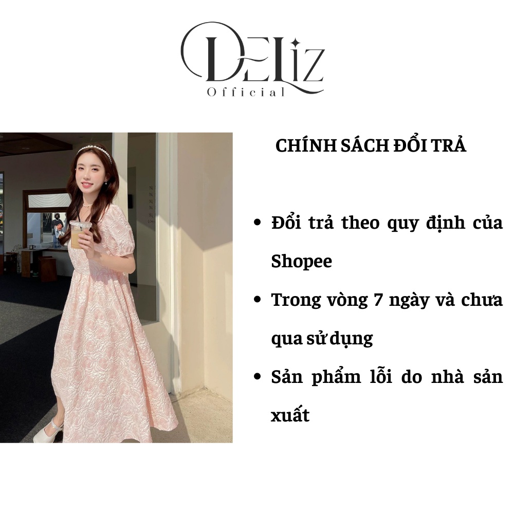 Váy babydoll dáng dài tiểu thư DELIZ, váy dự tiệc dễ thương vải gấm xốp hoa hồng nổi