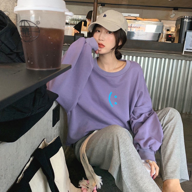 Áo Khoác Sweater Mỏng Tay Dài Dáng Rộng In Hình Mặt Cười Màu Tím Thời Trang Xuân Thu Phong Cách Hàn Quốc Mới Cho Nữ