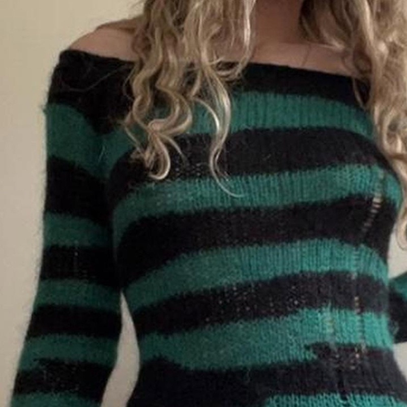 Đầm Dệt Kim Trễ Vai Họa Tiết Sọc Ngang Thời Trang Thanh Lịch Dành Cho Nữ