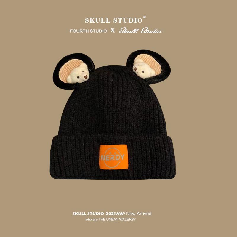 Mũ Len Dệt Kim Phối Tai Thỏ / Gấu Dễ Thương Thời Trang Mùa Đông Cho Nữ