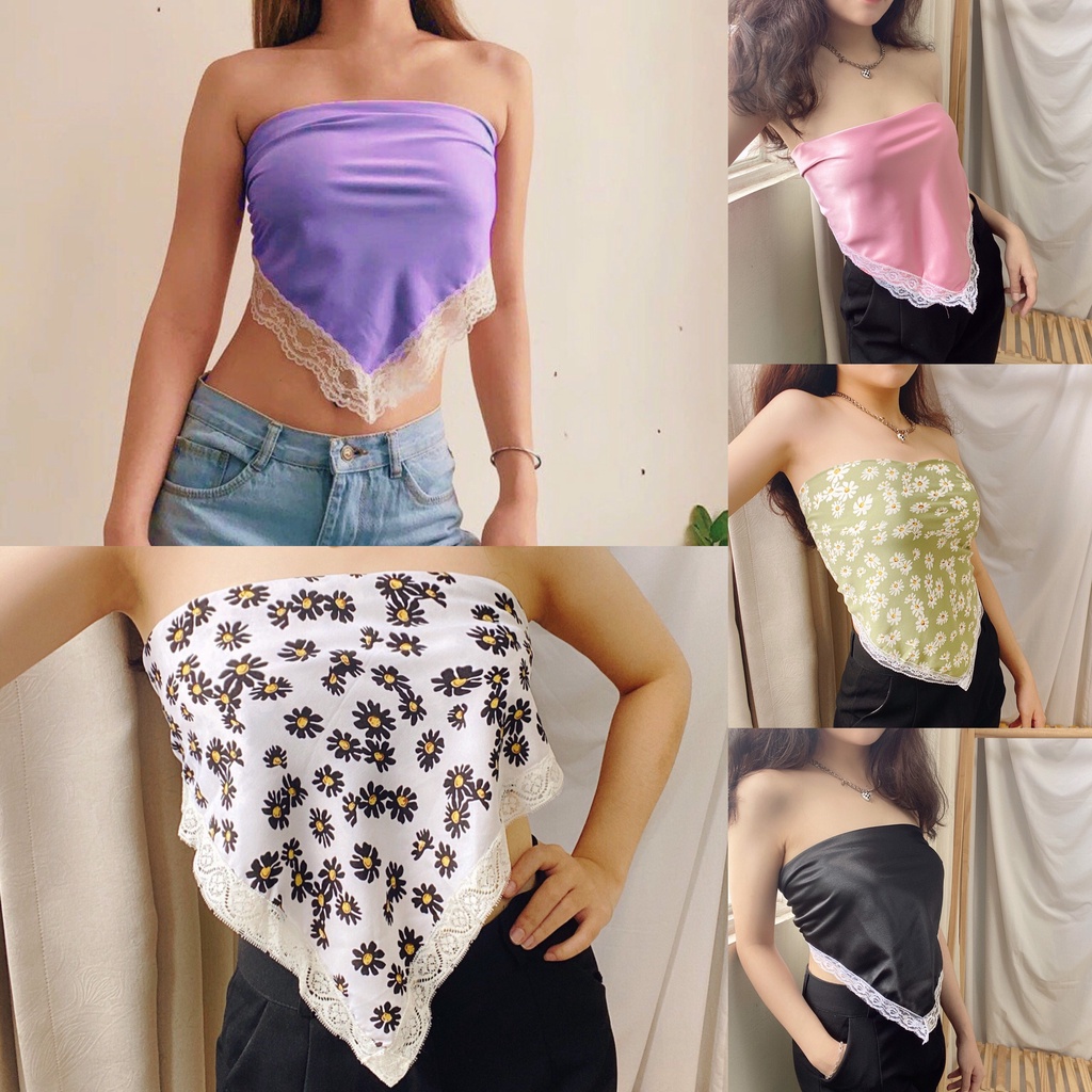 Khăn cột turban phối ren croptop 🌼 vải phi lụa mềm mịn, phong cách mong manh 🌾 áo kiểu sexy quấn ngực CROQ 63 SALE