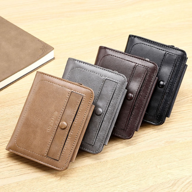 Ví Da PU Ngắn Gập Làm Ba Đựng Nhiều Thẻ Có Khóa Kéo Đa Năng Phong Cách Retro Cho Nam