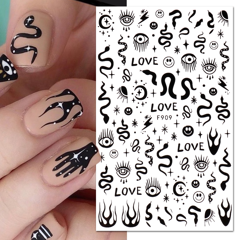 Miếng Dán Trang Trí Móng Tay 3D Hình Phù Thủy / Rắn Vlammen Ster Maan / Zwart-wit Ontwerp Lijn