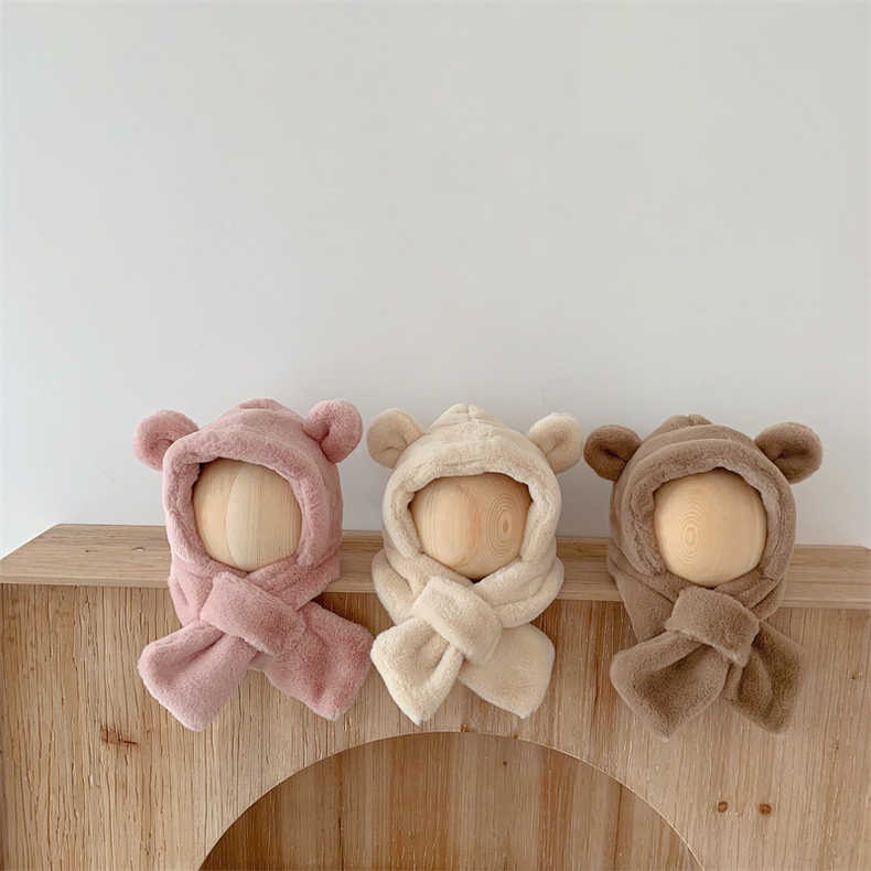 Mũ Trùm Đầu Kèm Khăn Choàng Cổ Dày Dặn Chống Lạnh Màu Trơn Hình Gấu Dễ Thương Cho Bé