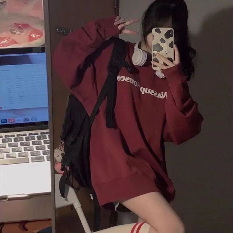 Áo Sweater Chui Đầu Dáng Rộng Cỡ Lớn Màu Đỏ Rượu Vang Kiểu Retro Mỹ Ngọt Ngào