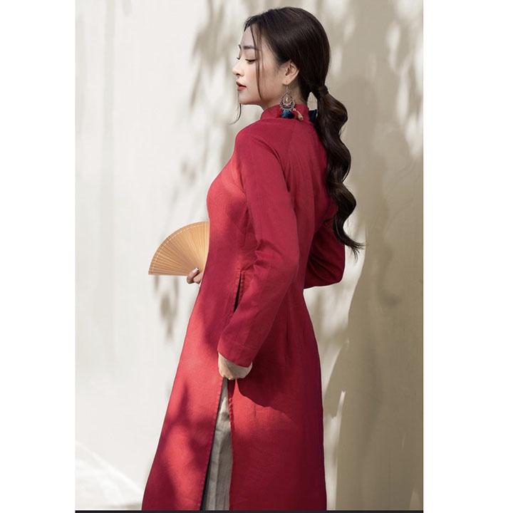 Set bộ áo dài truyền thống Linen tưng gân Premium sang trọng mặc tết cho sắc xuân rực rõ