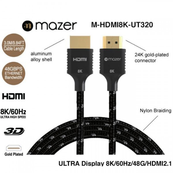 Dây Cáp Mazer Infinite Multimedia HDMI to HDMI 8K, tốc độ truyền dữ liệu cao, đầu kết nối được mạ vàng 24k.