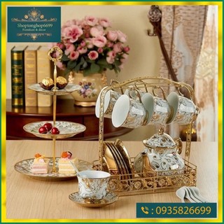 (có sẵn) Set bộ ấm chén + đĩa để bánh kẹo 3 tầng để bàn