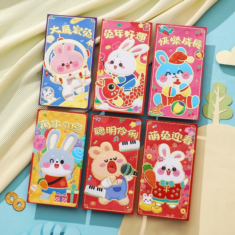 Set 6 Bao Lì Xì Hình Thỏ Hoạt Hình May Mắn Cho Năm Mới 2023CNY
