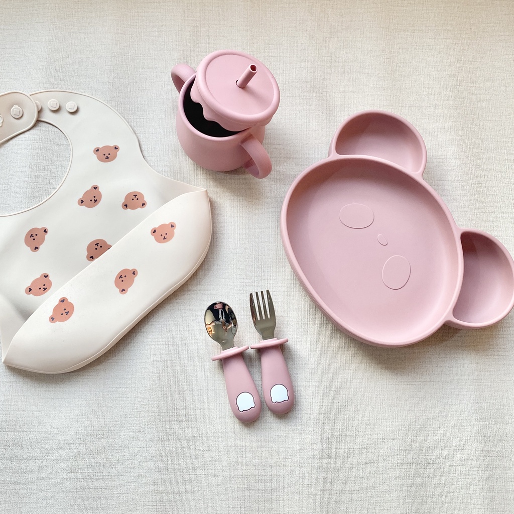 Khay Ăn Dặm Hình Gấu Có Đế Hít Combo đồ dùng ăn dặm Khay Set Thìa Dĩa inox Cốc 3in Yếm Máng Silicon Cho Bé