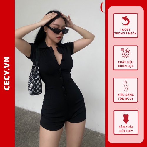 Áo Liền Quần Jumpsuit Thun Cổ Polo đính cúc Ôm Body Che Khuyết Điểm Quyến Rũ Cecy B054