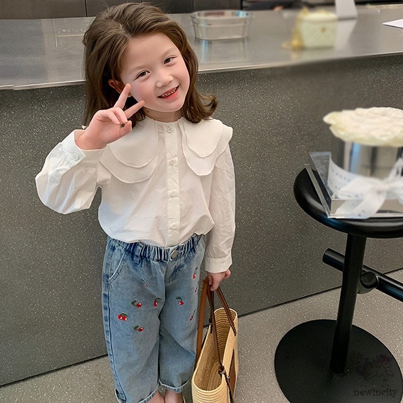 Quần Jean Dài Dáng Suông Rộng Lưng Thun Thêu Hình Cherry Kiểu Hàn Quốc Dễ Thương Cho Bé Gái