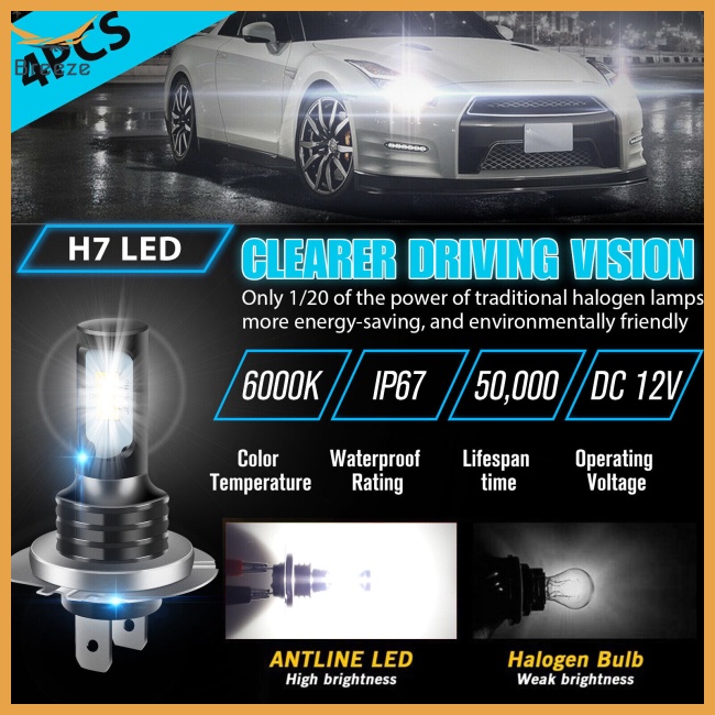 Bộ 4 Bóng Đèn Led H7 6000k Ip67 Ánh Sáng Trắng Siêu Sáng Chống Thấm Nước