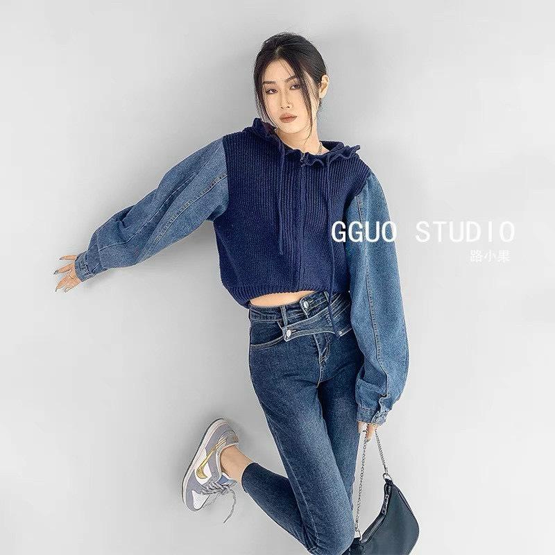 Áo khoác len nữ tay dài phối jean có nón hàng nhập