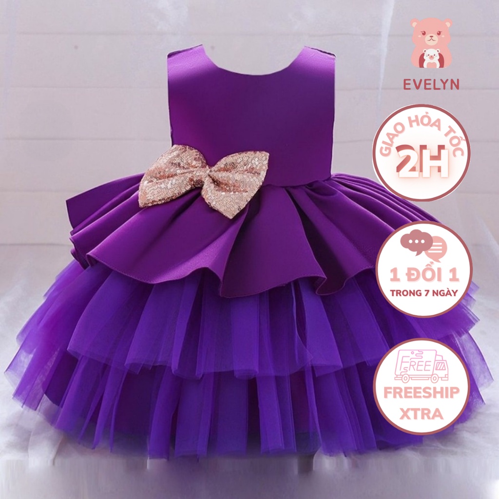 Đầm bé gái xếp ly nhiều màu phối nơ lấp lánh cực xinh cho bé dự tiệc từ 0-12 tuổi