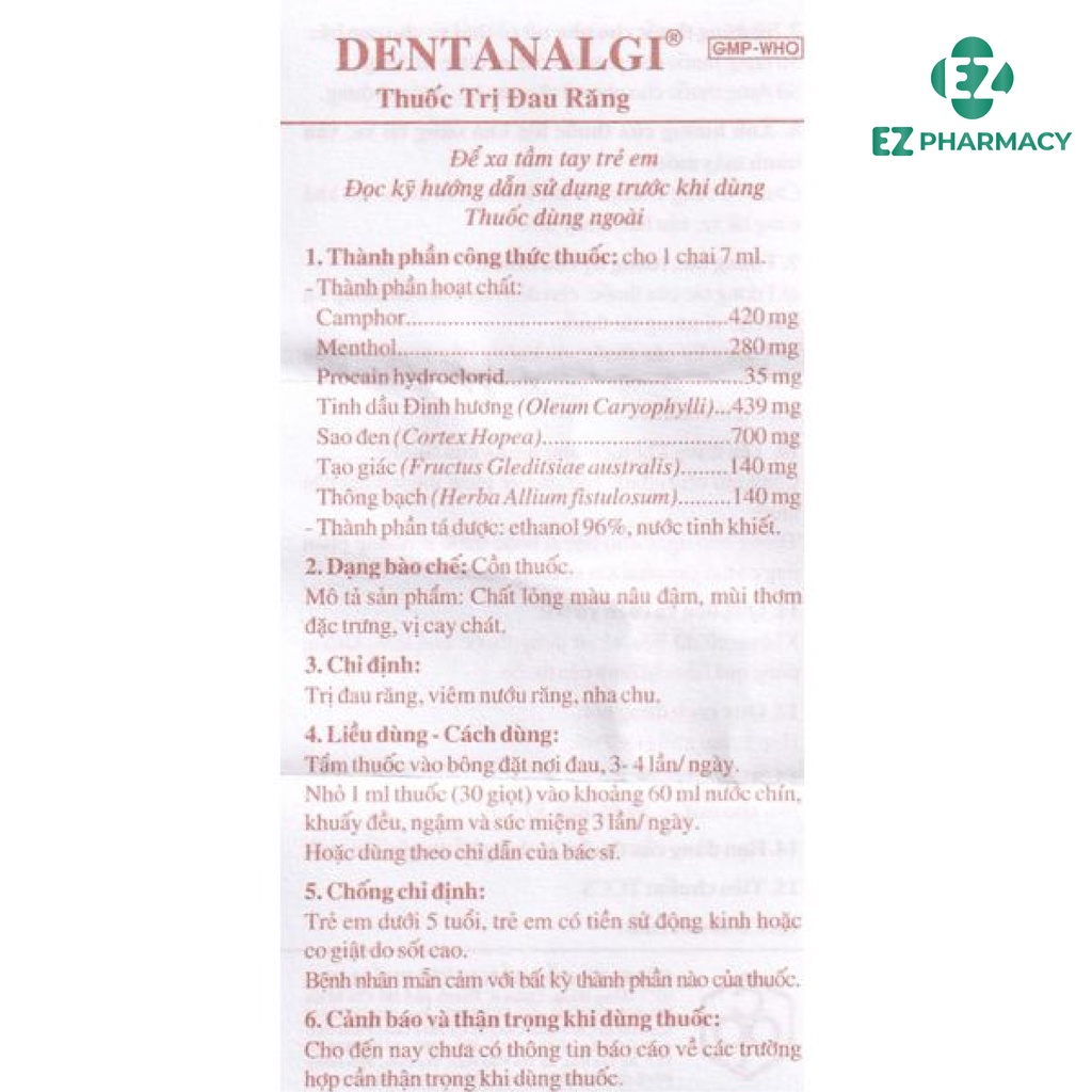 Dentanalgi Nước chấm sâu răng chỉ định cho đau răng, viêm nướu 7ml - EZ Pharmacy