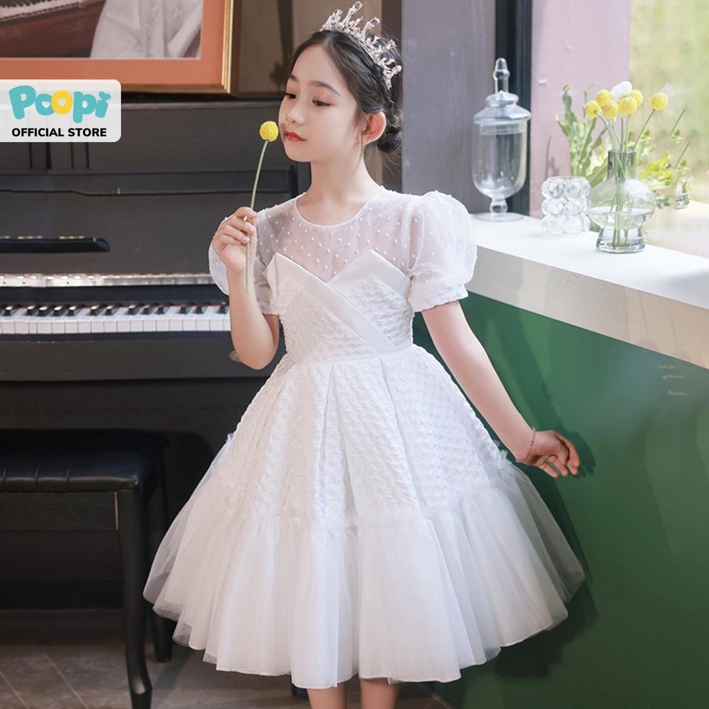 Đầm Công Chúa Bé Gái Poopi Kiểu Cánh Tiên Xếp Ly Màu Trắng Dễ Thương, Váy Tết Cho Bé Dự Tiệc