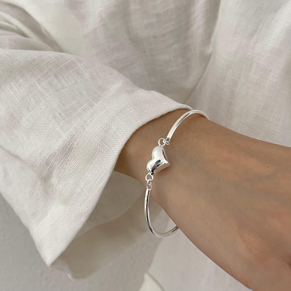 Vòng tay nữ lắc tay nữ bạc s925 tim phồng to thanh cong 2 bên High Sense Cá jewelry LTB172
