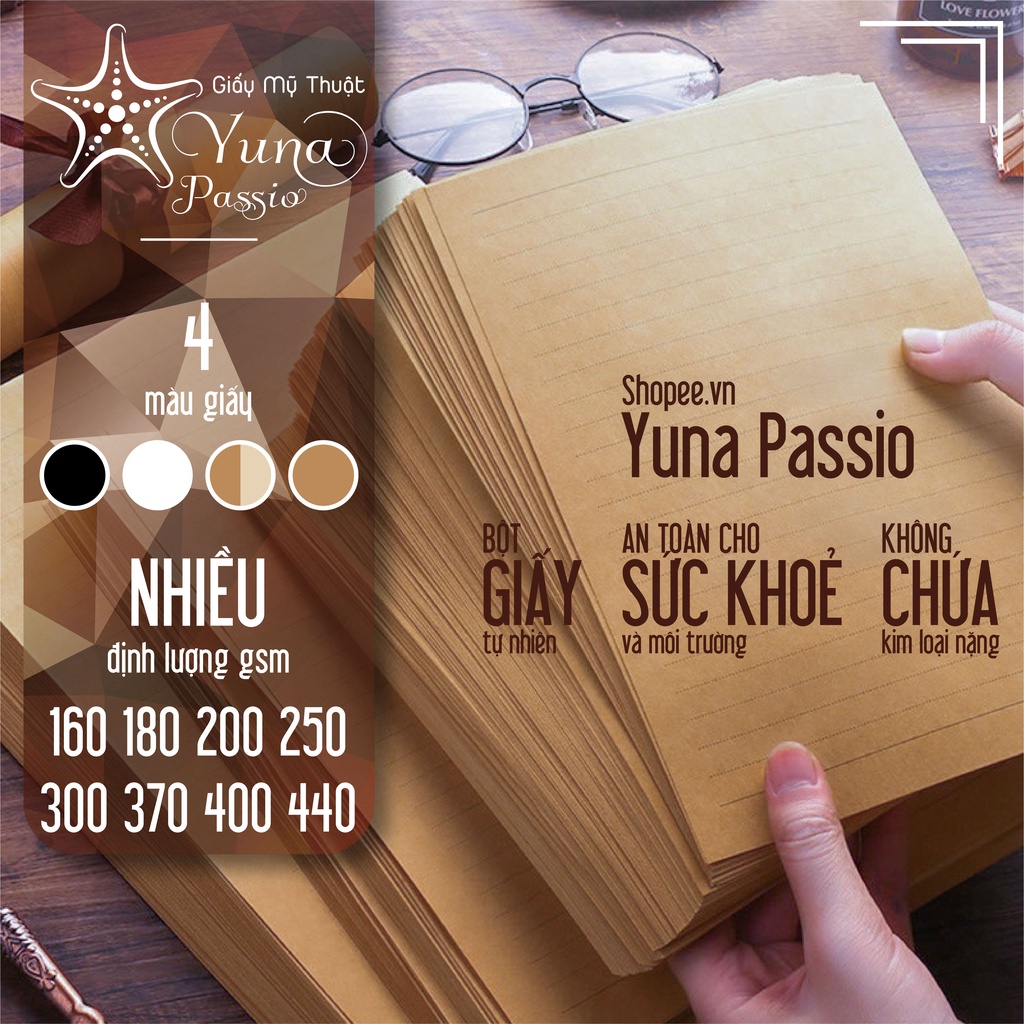 20 Tờ Giấy Kraft Nhật A4 250gsm Dày Đẹp - Giấy vẽ mỹ thuật phác hoạ chì, màu nước cao cấp, có Chứng Nhận FSC, Kraft Yuna