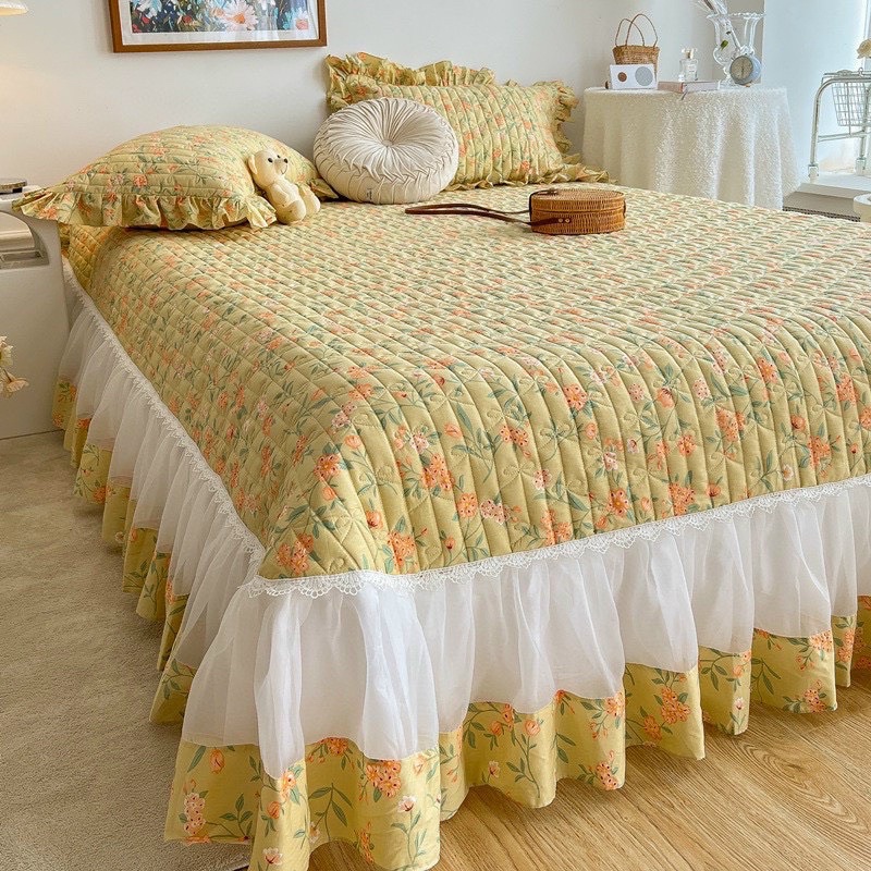 Set ga gối phủ cotton Hàn Quốc, bộ ga kèm gối cotton trần bông phủ ren sang chảnh hàng nhập cao cấp đủ size Sam-store