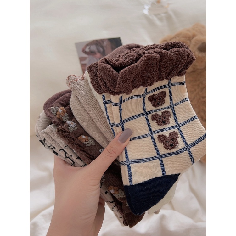 Set 9 Tất nữ Muzini vớ cổ cao tone nâu tây phong cách vintage đáng yêu nhiều mẫu TN61