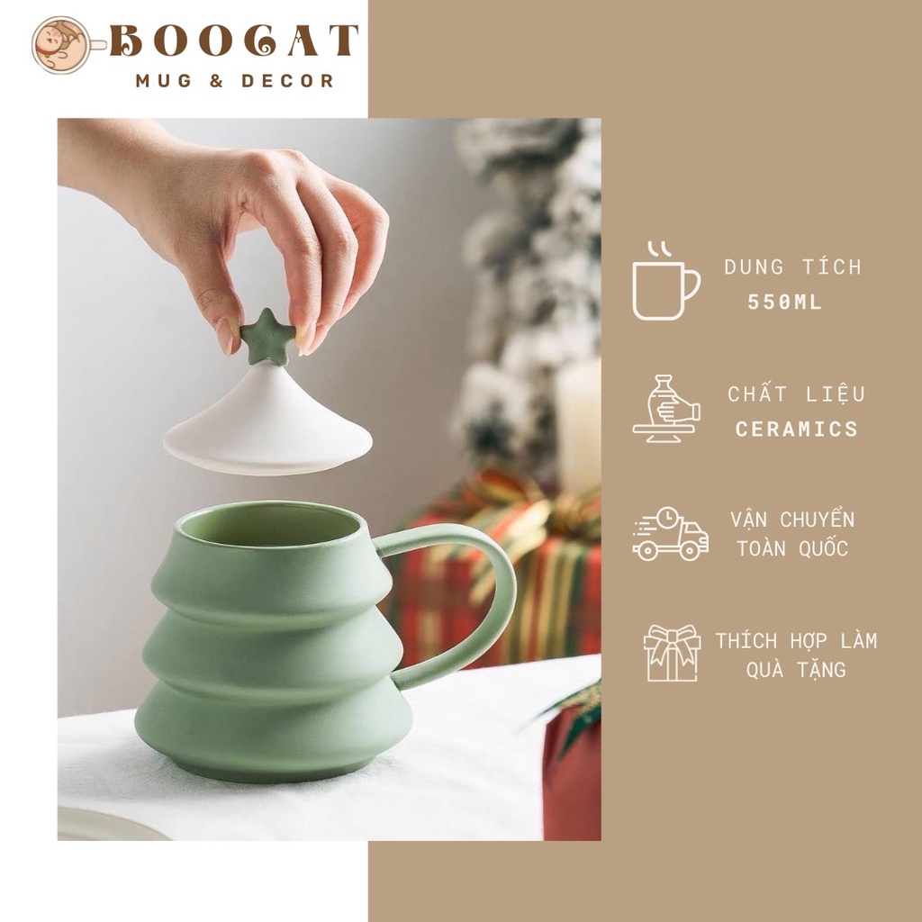Cốc Sứ Cây Thông NOEL 550ml Có Quai Cầm Và Nắp - Quà Tặng Noel Giáng Sinh Ý Nghĩa Độc Đáo thưởng thức đồ uống bắt mắt