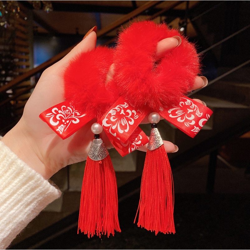 1 Cặp Dây Buộc Tóc Phủ Lông Màu Đỏ Phong Cách Trung Hoa Thời Trang Cho Nữ