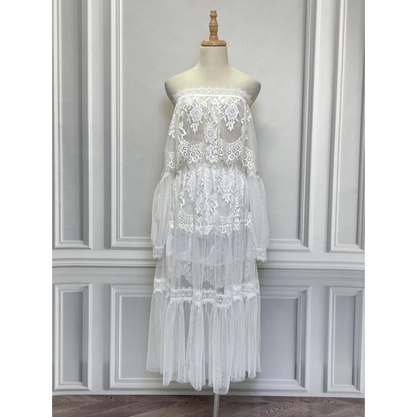 Váy ren trễ vai LIVE EVIL hàng hiệu chính hãng thời trang nữ V599 màu trắng size M secondhand thanh lý ký gửi